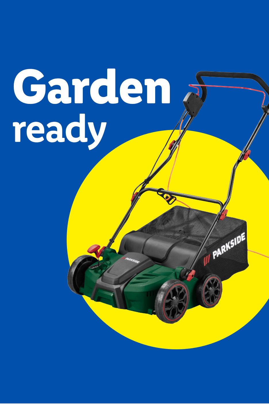 A green lawnmower with a grass collection bag on a blue background with a yellow circle. Text: Garden ready.