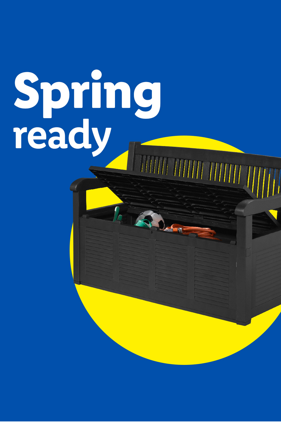 Black outdoor storage bench with lid open, filled with garden items, on a blue and yellow background with text 'Spring ready'.