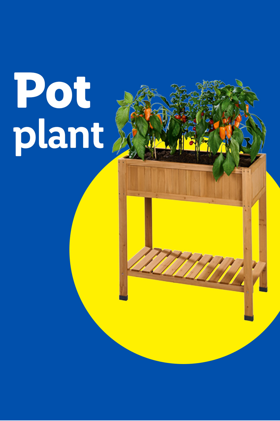 Pot plant text next to a wooden raised planter with growing peppers and tomatoes.