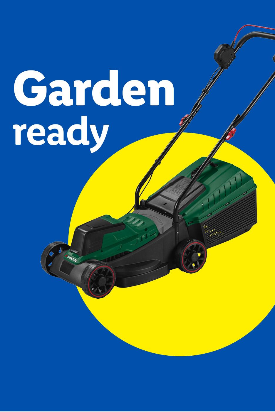 A green and black lawnmower on a yellow circle, with text 'Garden ready'.