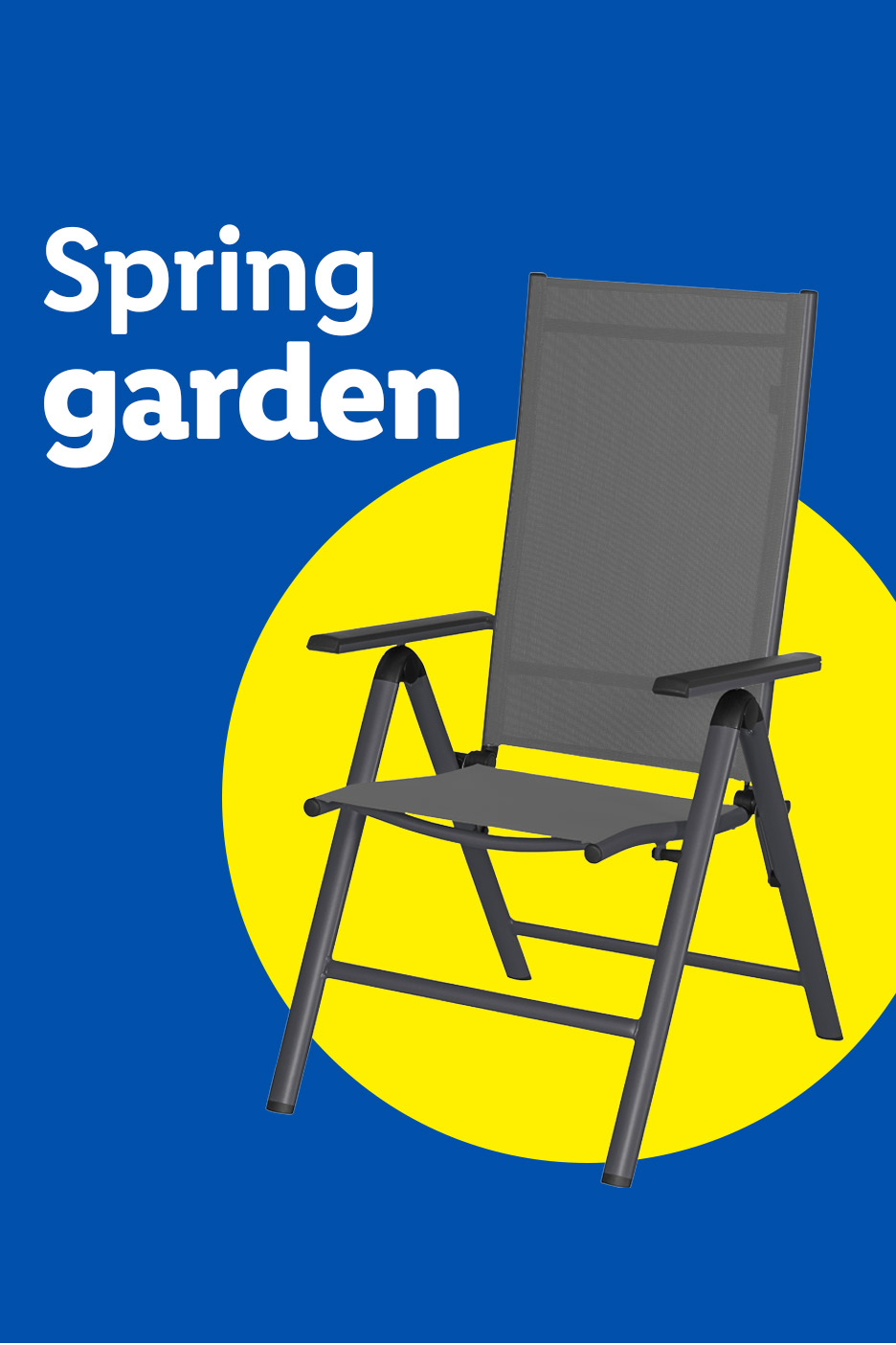 Grey garden chair on a blue background with a yellow circle, text reads 'Spring garden'