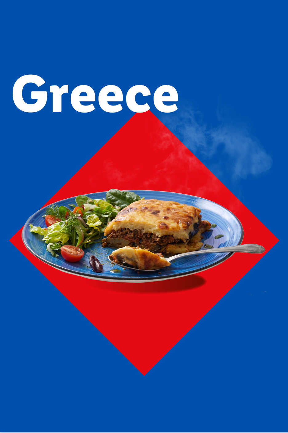 Moussaka with salad on a blue plate, with 'Greece' text on a blue and red background.