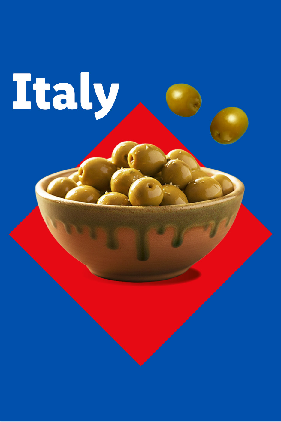 A bowl of green olives on a red diamond shape, with two olives floating above, and the word 'Italy'.