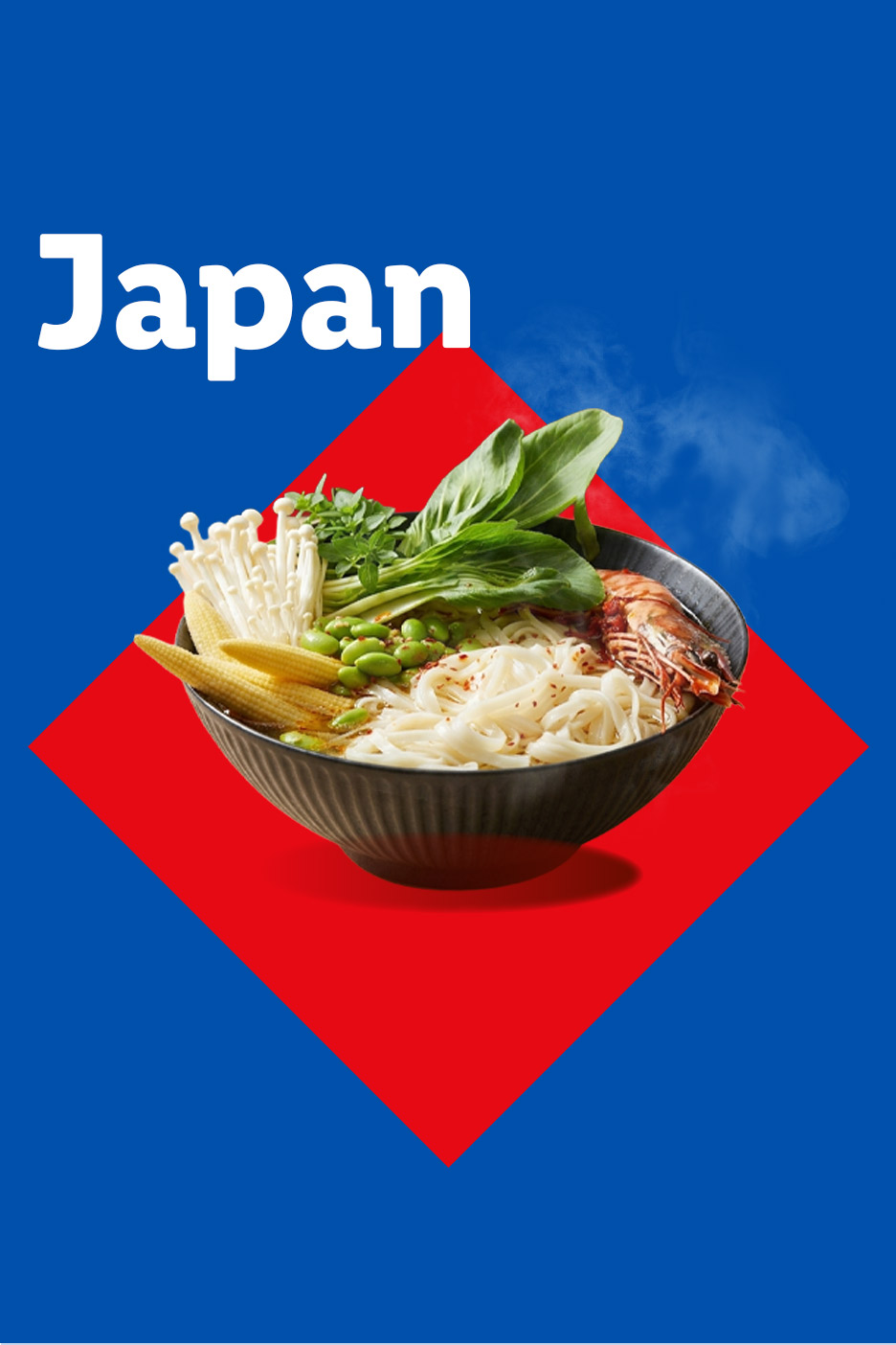 Japan: bowl of noodles with shrimp, mushrooms, baby corn, and edamame on a red and blue background.