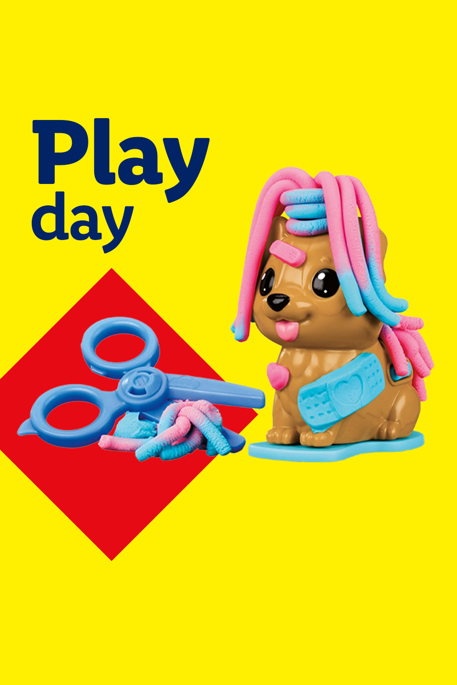 Play day with a toy dog with colorful playdough hair and blue scissors on a yellow background.