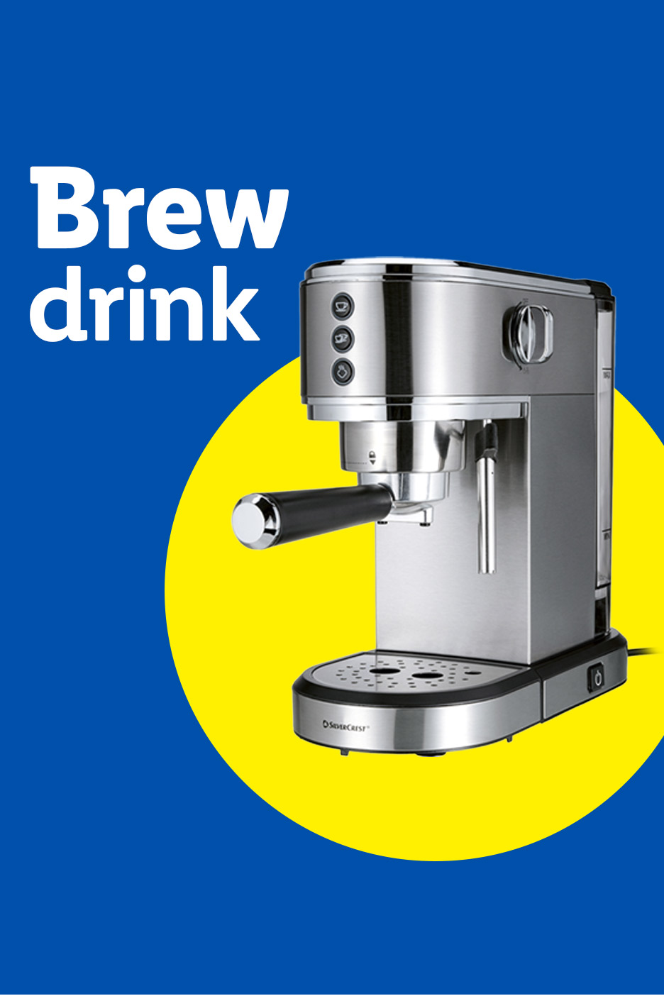 Espresso machine on a blue and yellow background with text 'Brew drink'