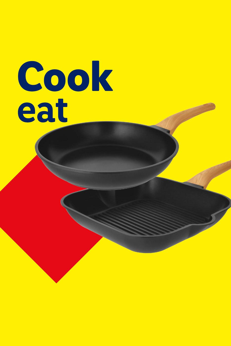 Two black frying pans with wooden handles on a yellow background with text 'Cook eat'.