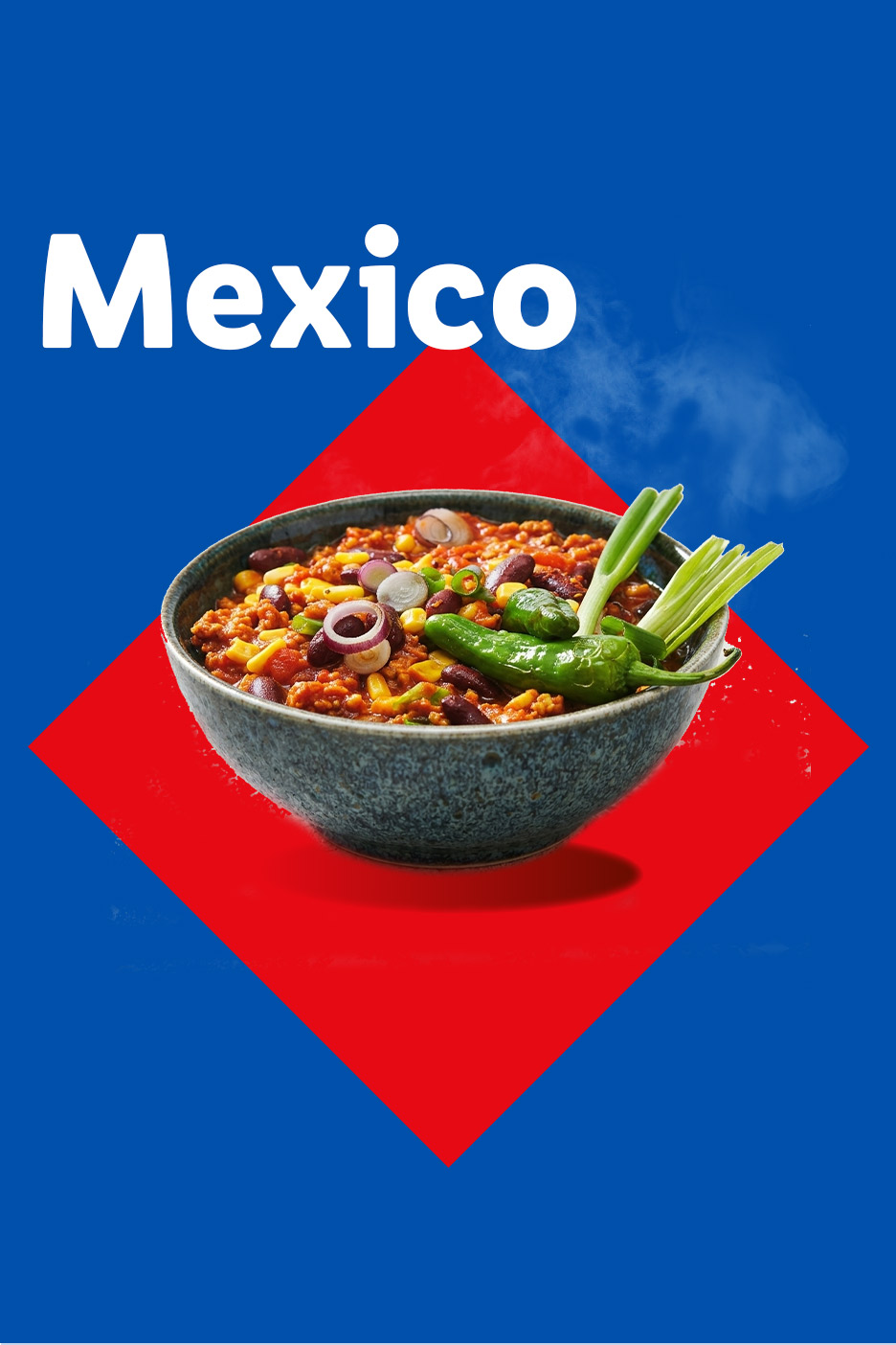 A bowl of chili con carne with corn, beans, onions, and green peppers on a red and blue background with the word 'Mexico'.