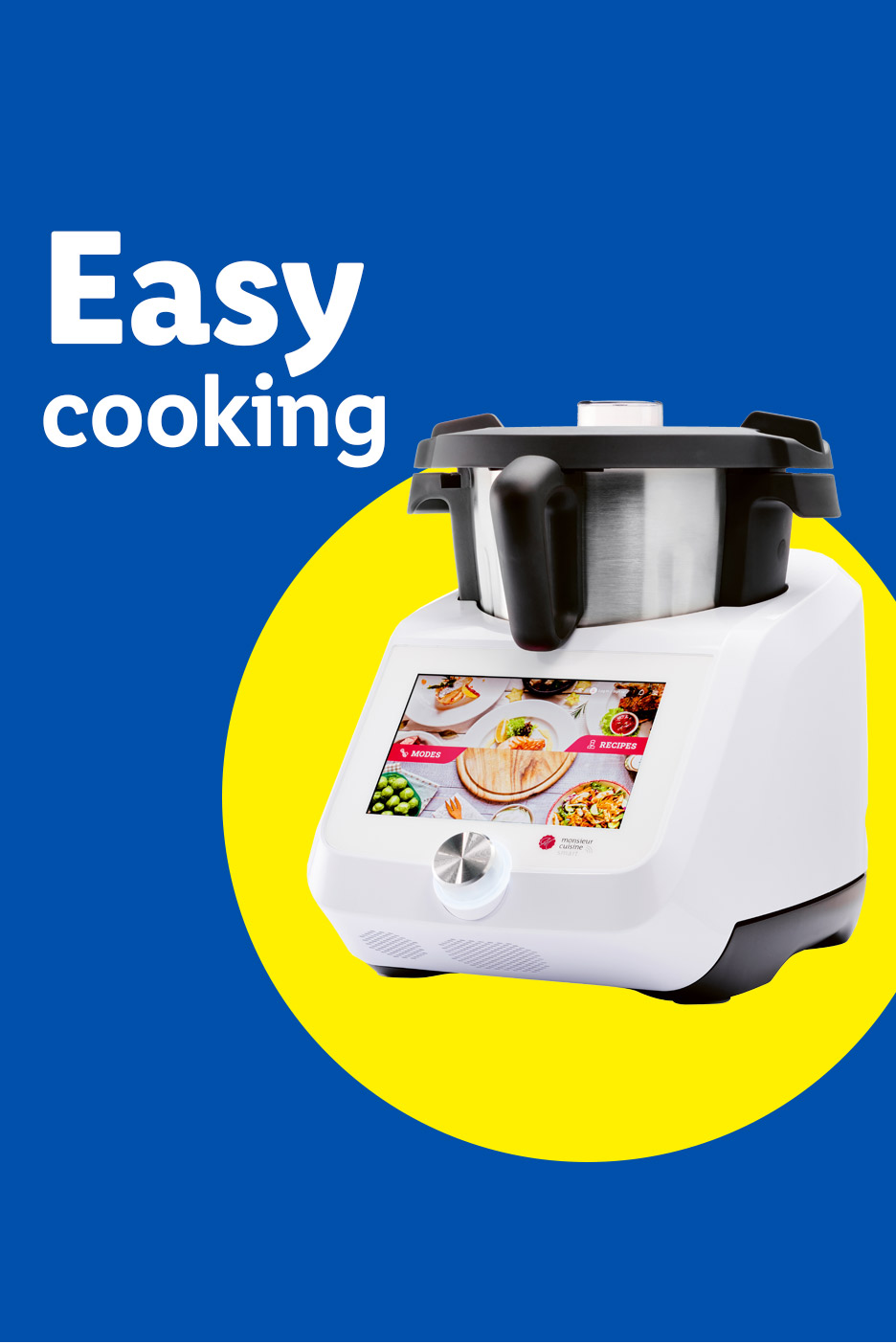 White Monsieur Cuisine smart food processor with a screen displaying recipes, on a blue and yellow background with text 'Easy cooking'.