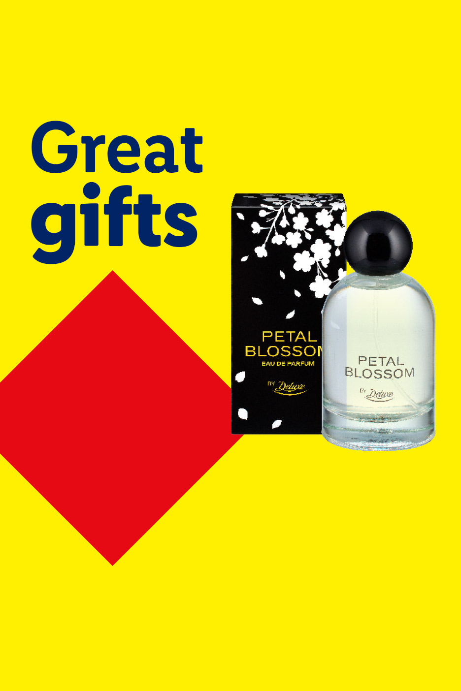 A bottle of perfume and its box with a floral design, next to text that reads 'Great gifts'.