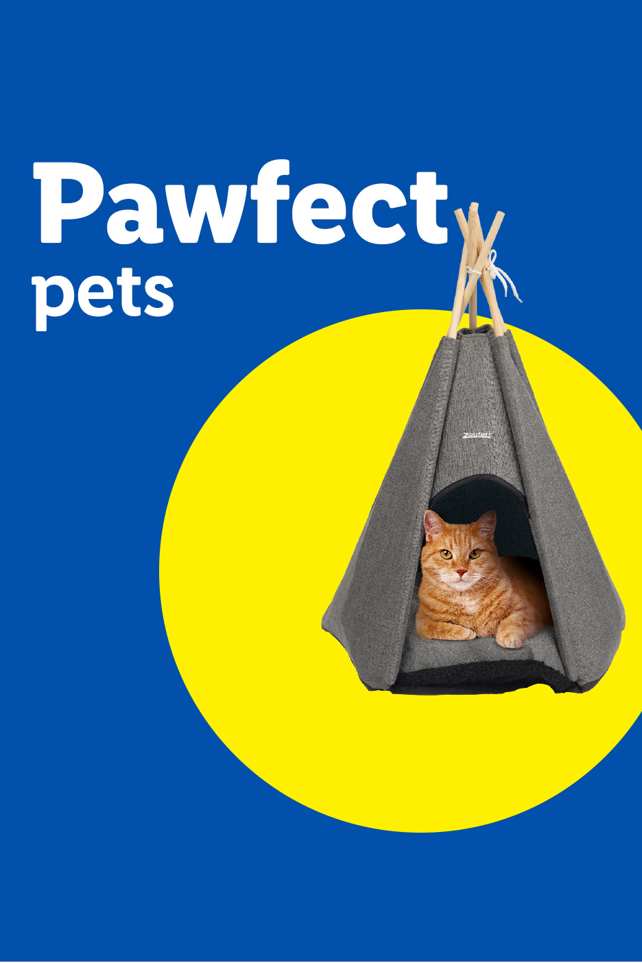 Orange cat in a grey pet teepee, with text 'Pawfect pets' on a blue and yellow background.