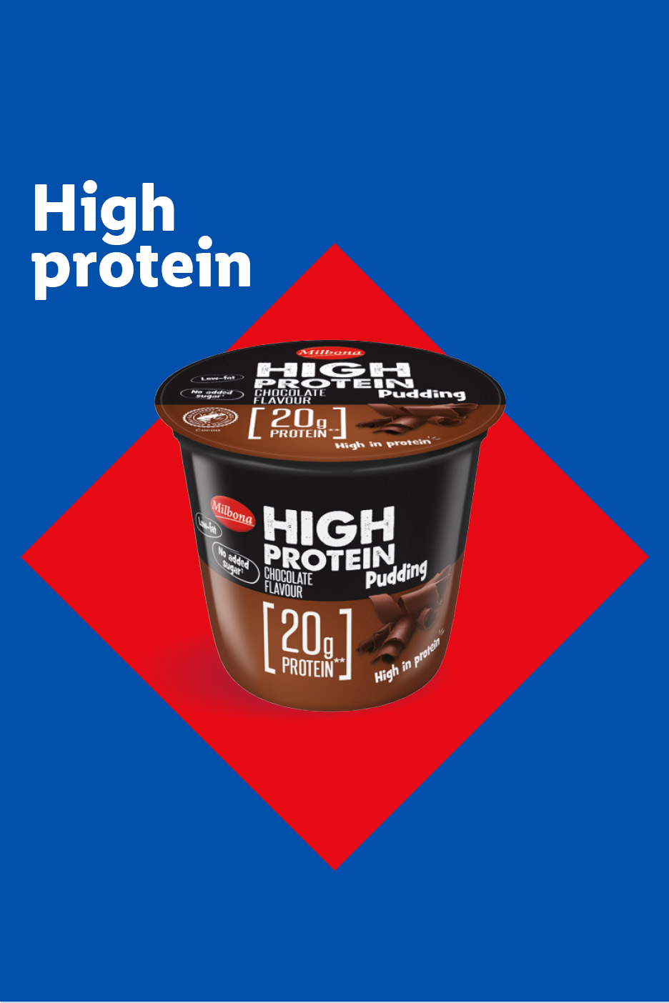 Milbona High Protein Chocolate Pudding with 20g protein, low-fat, no added sugar.