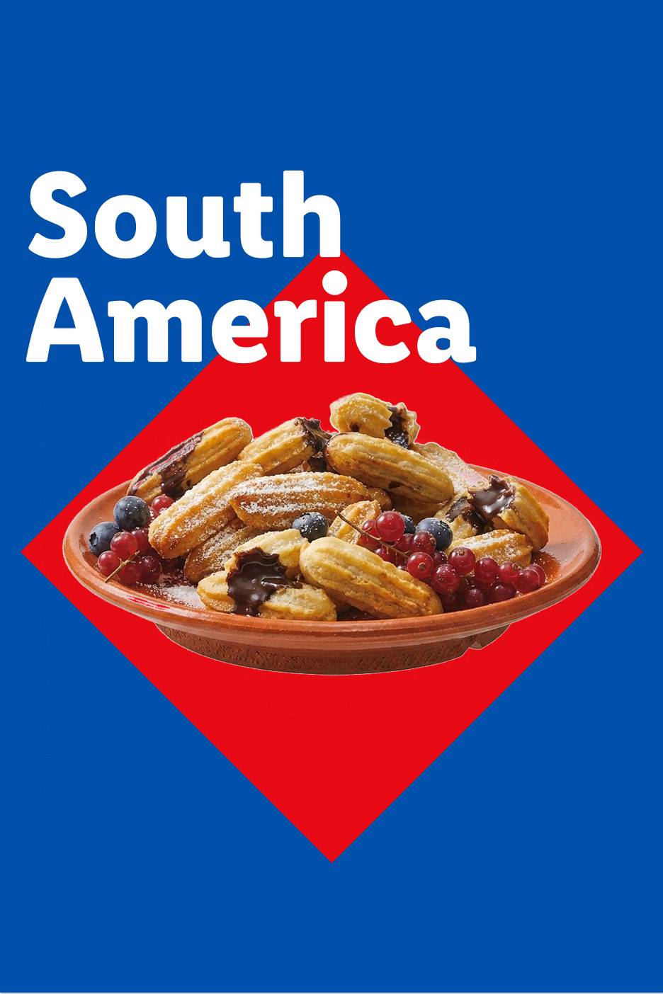Churros with chocolate, berries, and powdered sugar on a plate, with 'South America' text.