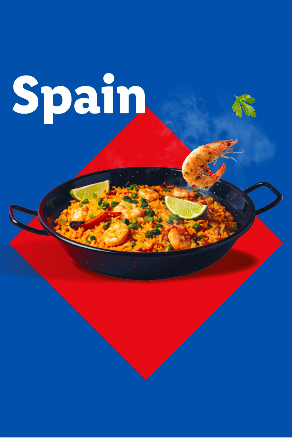 Paella with shrimp, lime, and peas in a black pan, with 'Spain' text on a blue and red background.