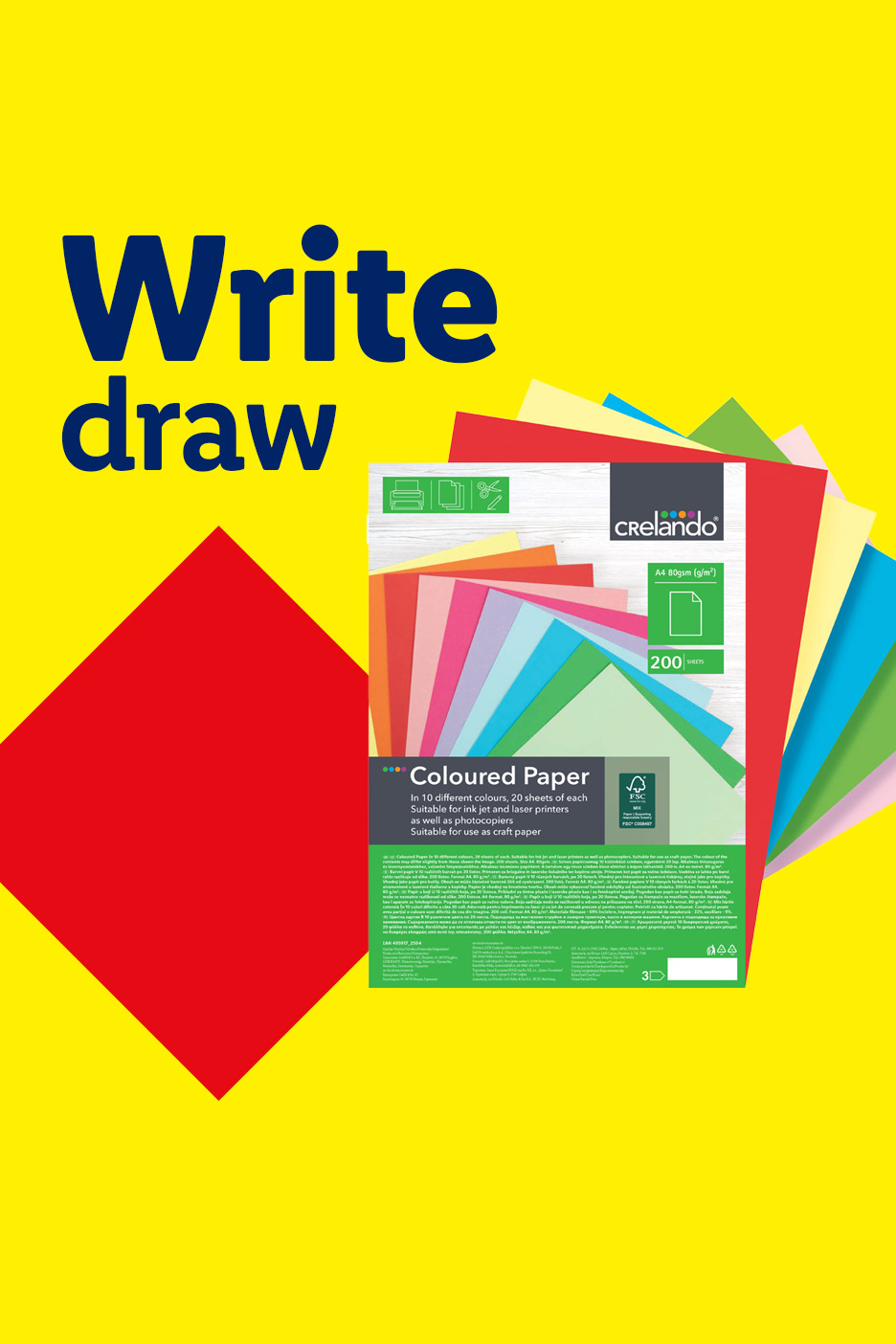 Coloured paper pack with text 'Write draw' on a yellow background.