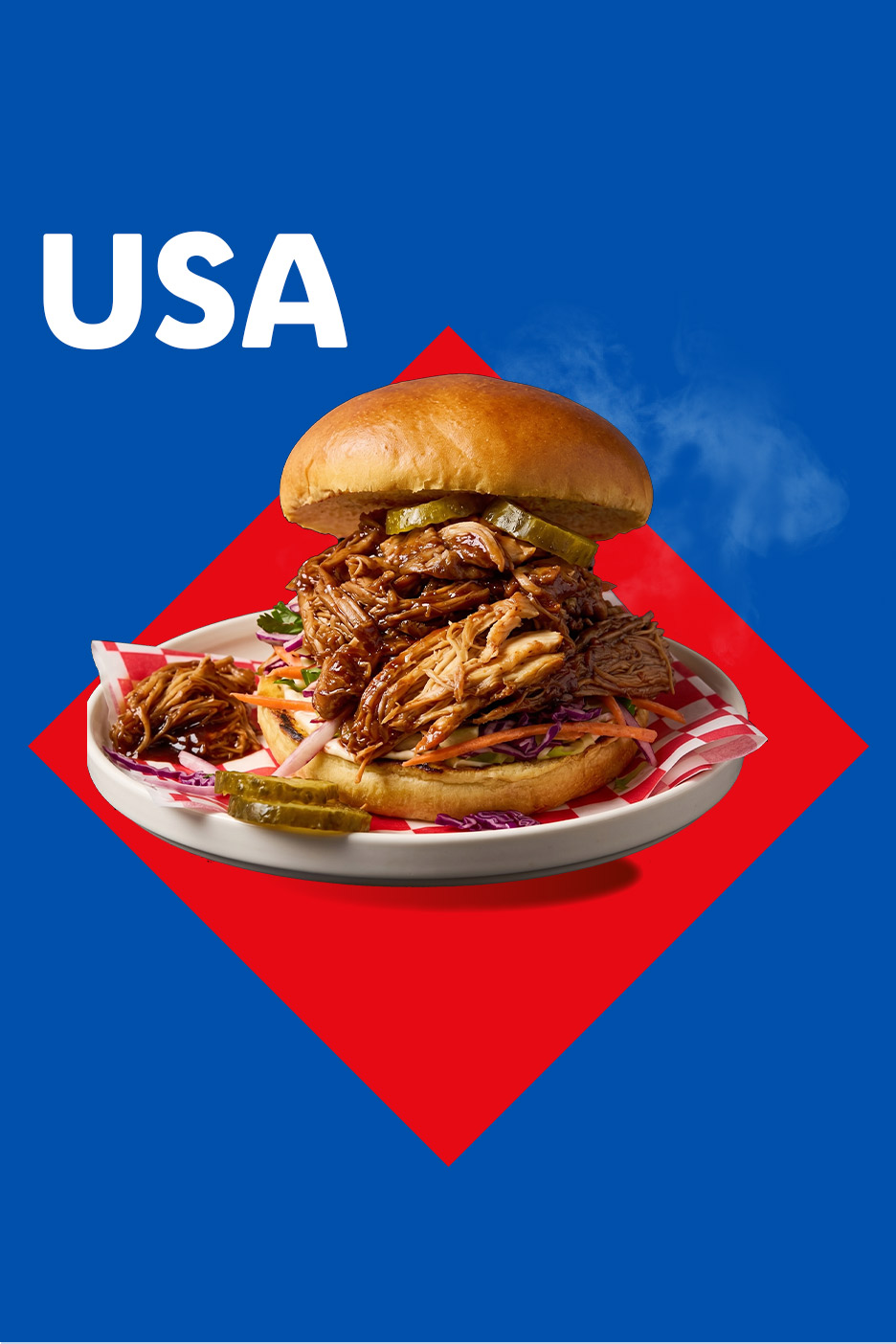 Pulled pork burger with coleslaw and pickles on a red and blue background with 'USA' text.
