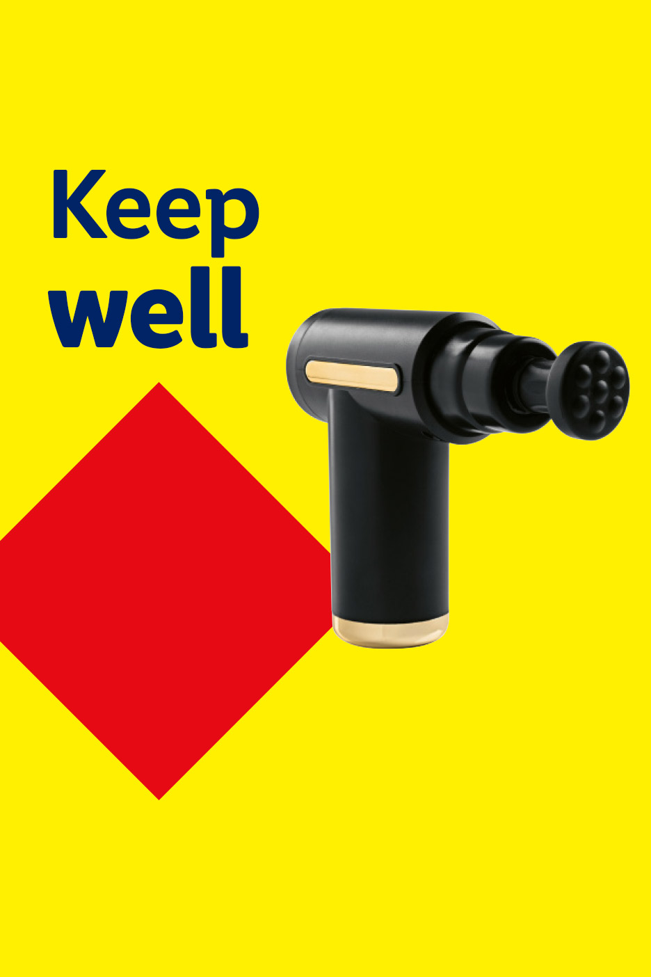 Black massage gun with gold accents on a yellow background with red geometric shapes and text 'Keep well'.