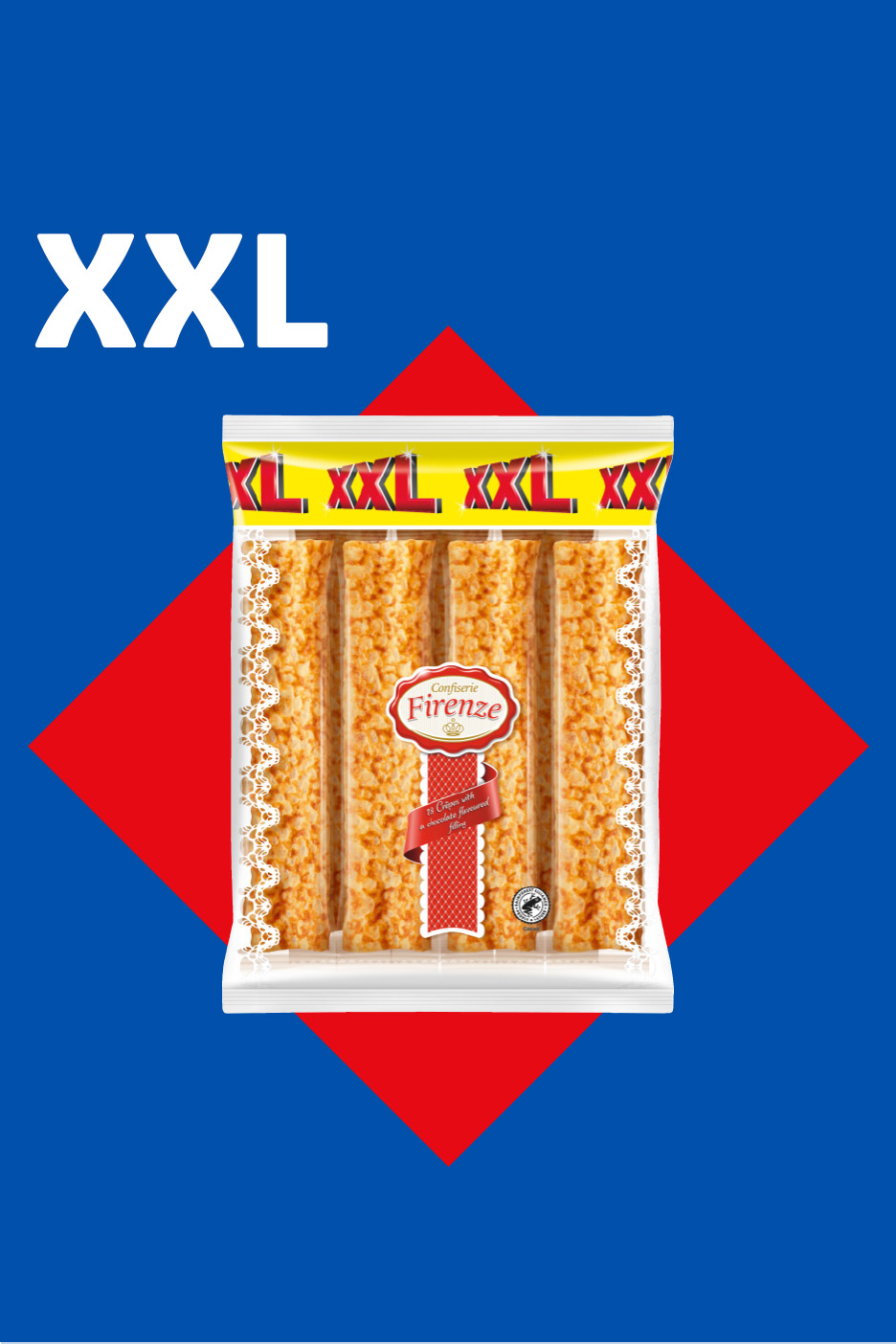 XXL Confiserie Firenze crepes with chocolate filling on a red and blue background