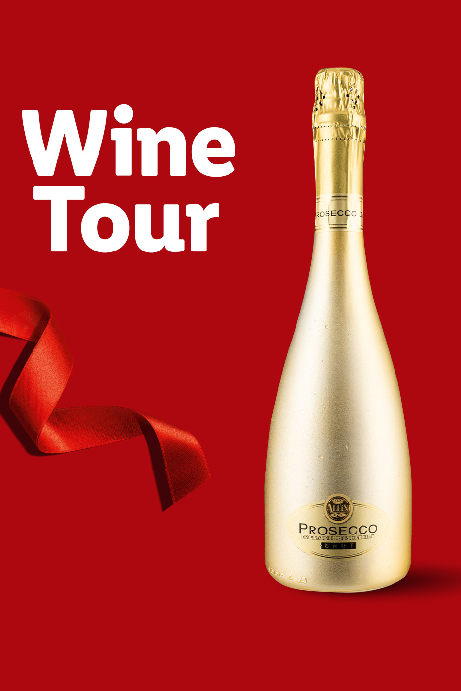 Prosecco bottle with a red ribbon and 'Wine Tour' text on a red background.