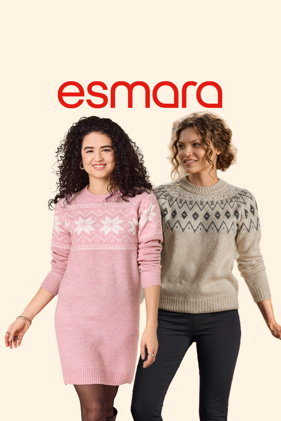Two women modeling a pink knit dress and a beige patterned sweater.