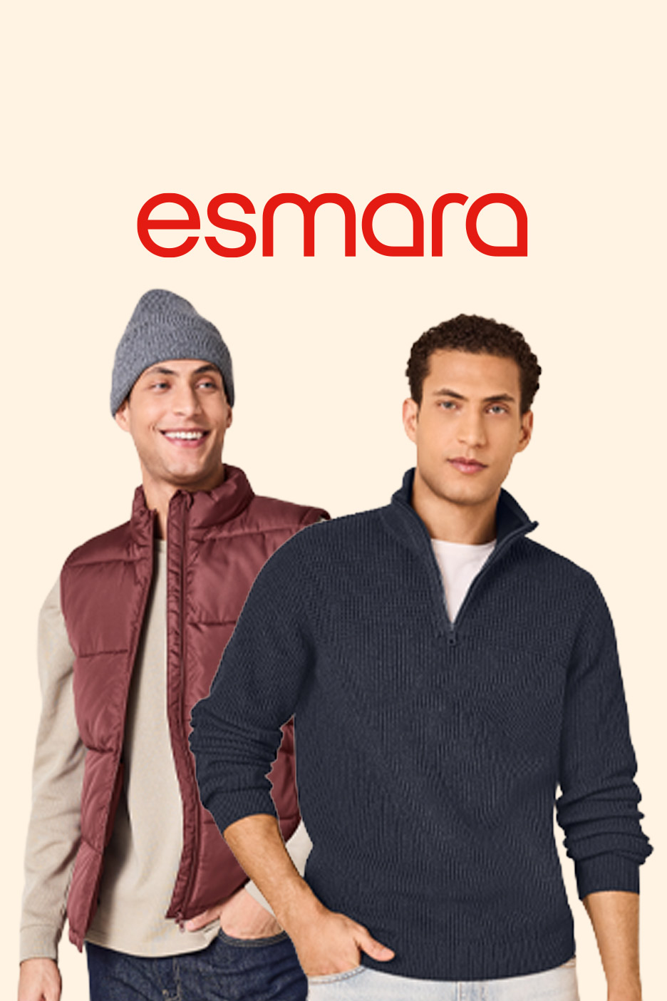 Two men modeling autumn knitwear and a puffer vest.