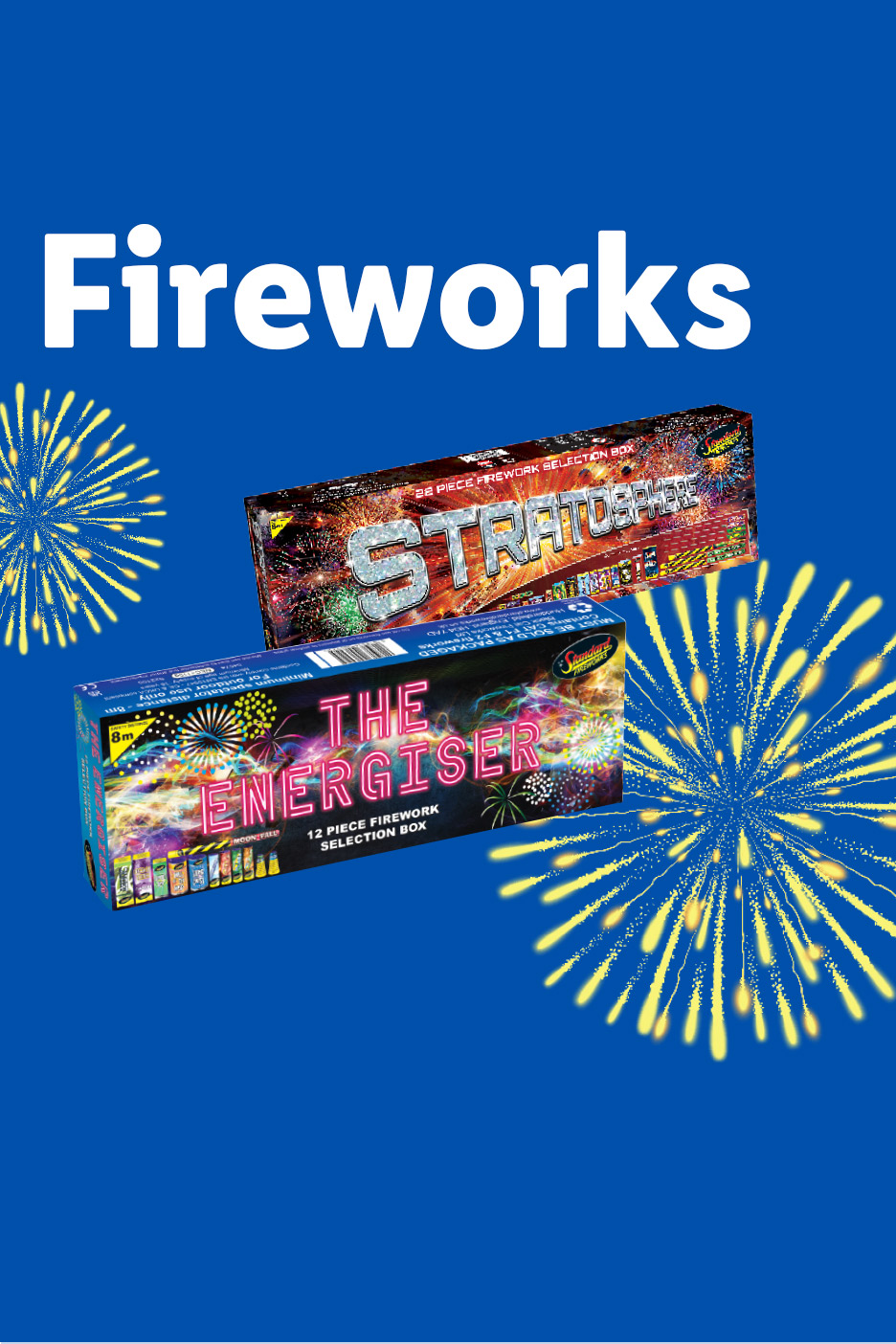 Two firework selection boxes, Stratosphere and The Energiser, on a blue background.