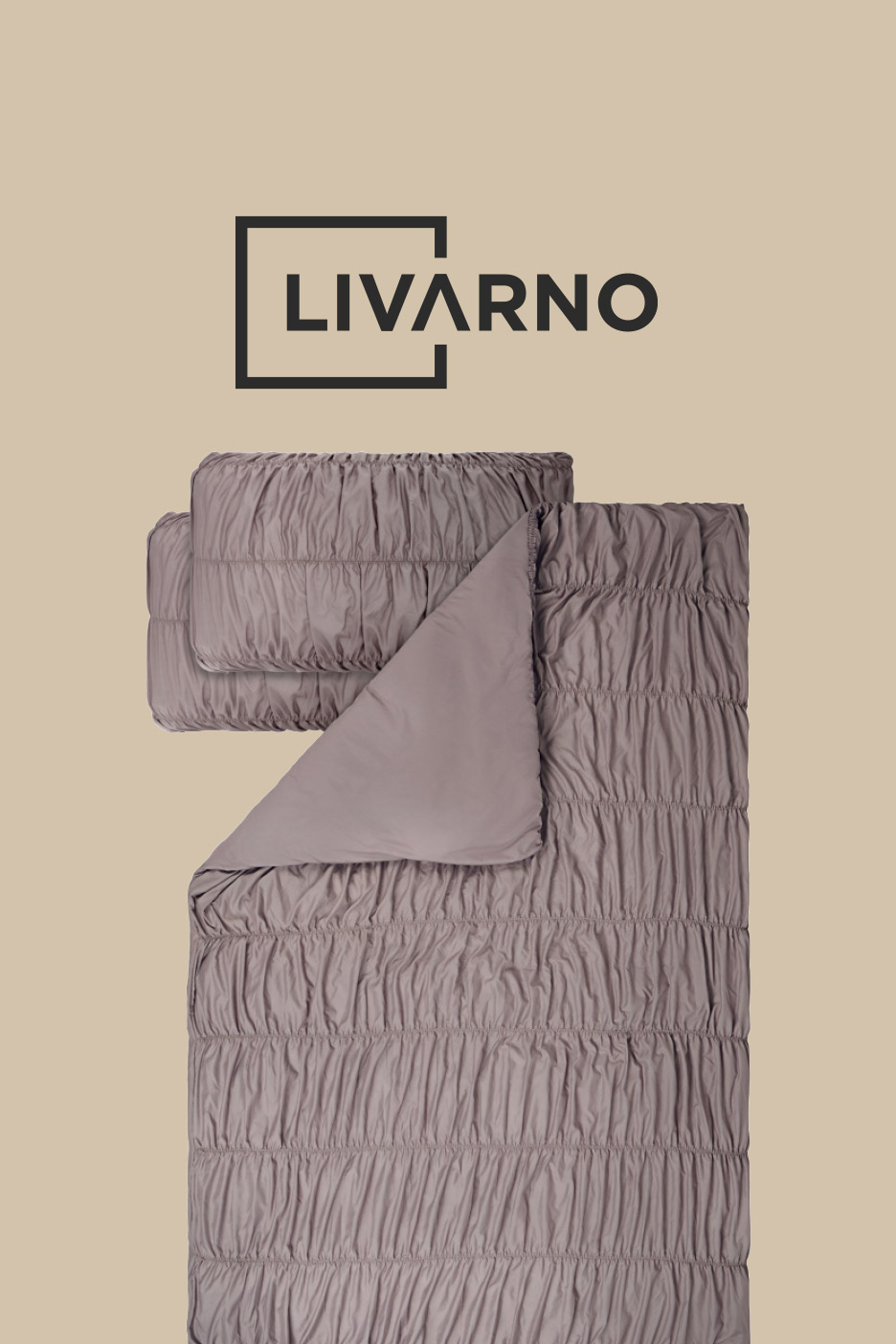 Taupe-colored seersucker bedding set with a duvet cover and matching pillowcase.