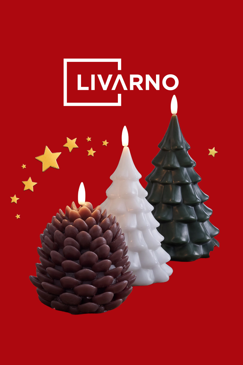 Three festive Christmas candles shaped like a pinecone and trees against a red background.