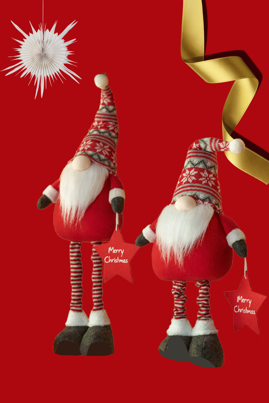 Two festive Christmas gnomes with telescopic legs on a red background.