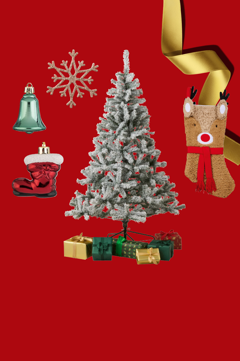 Festive Christmas tree with gifts, ornaments, and a reindeer stocking on a red background.