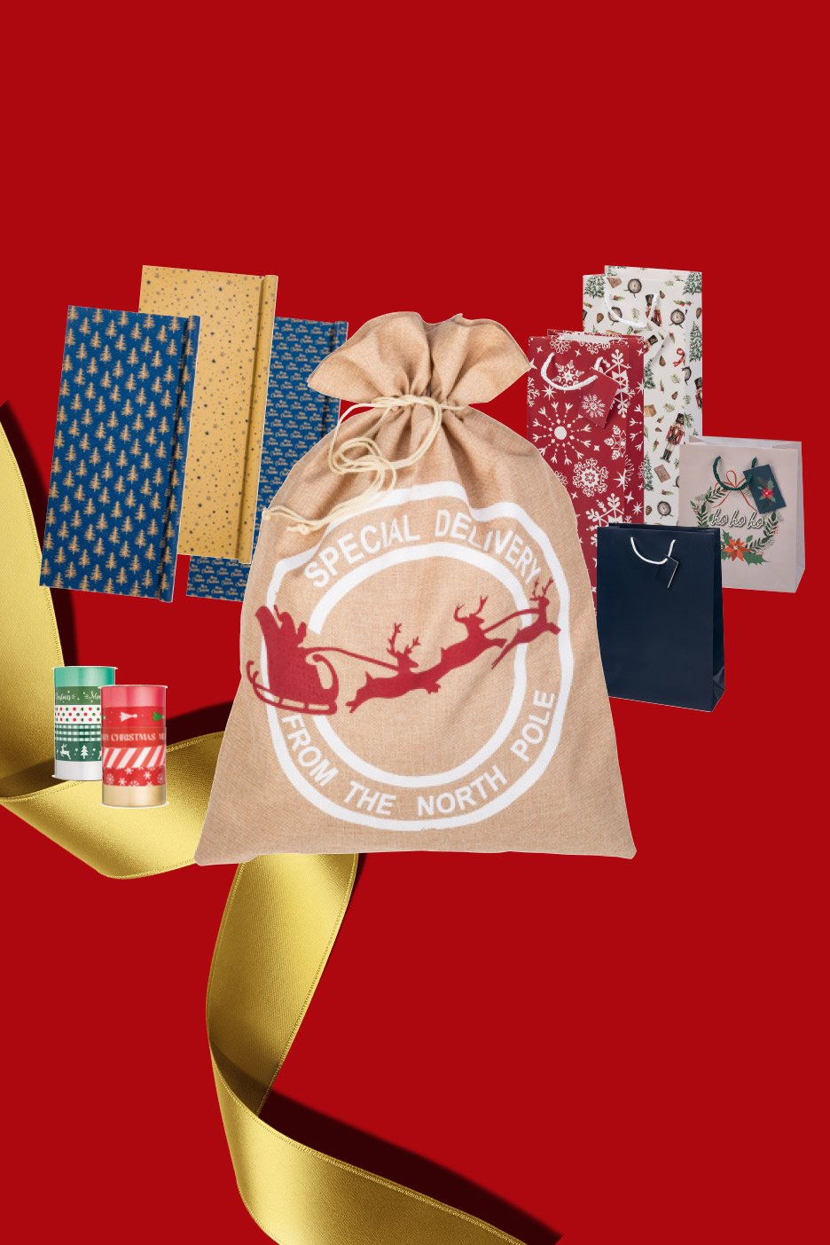 Festive Christmas gift wrapping selection including a Santa sack, gift bags, paper, and ribbon.