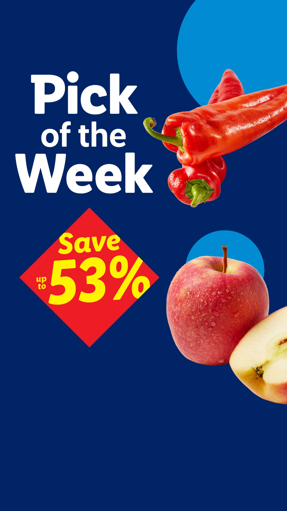 Red peppers and apples on a blue background with text 'Pick of the Week' and 'Save up to 53%'.
