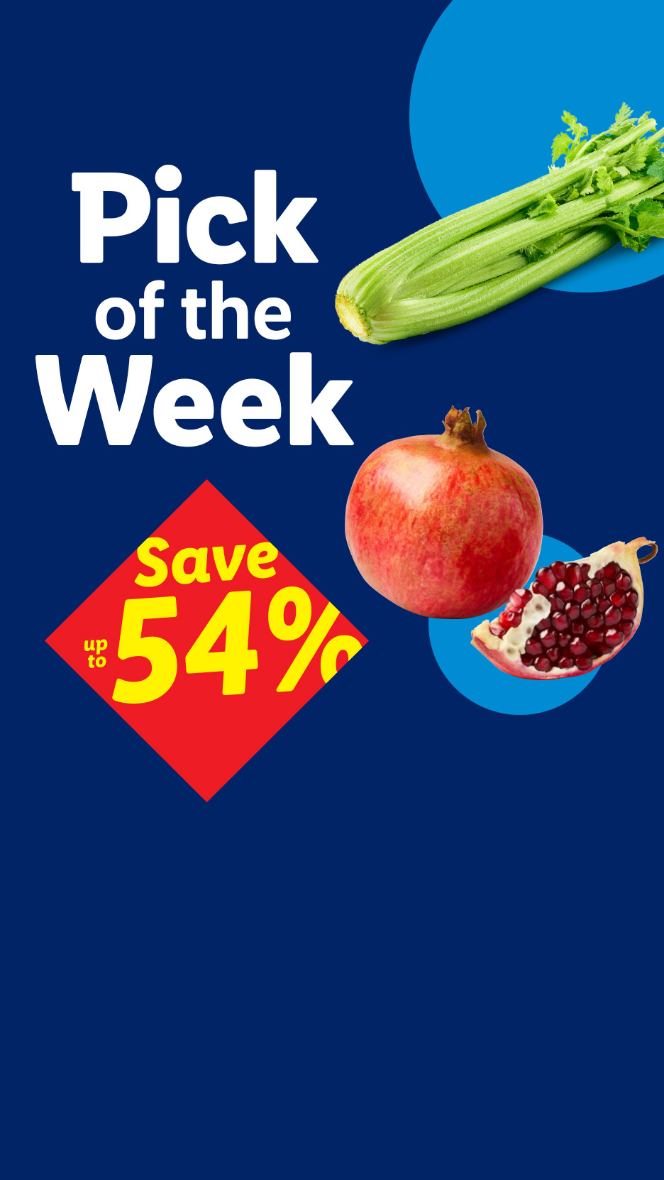 Pick of the Week promotion offering up to 54% off on fresh celery and pomegranates.