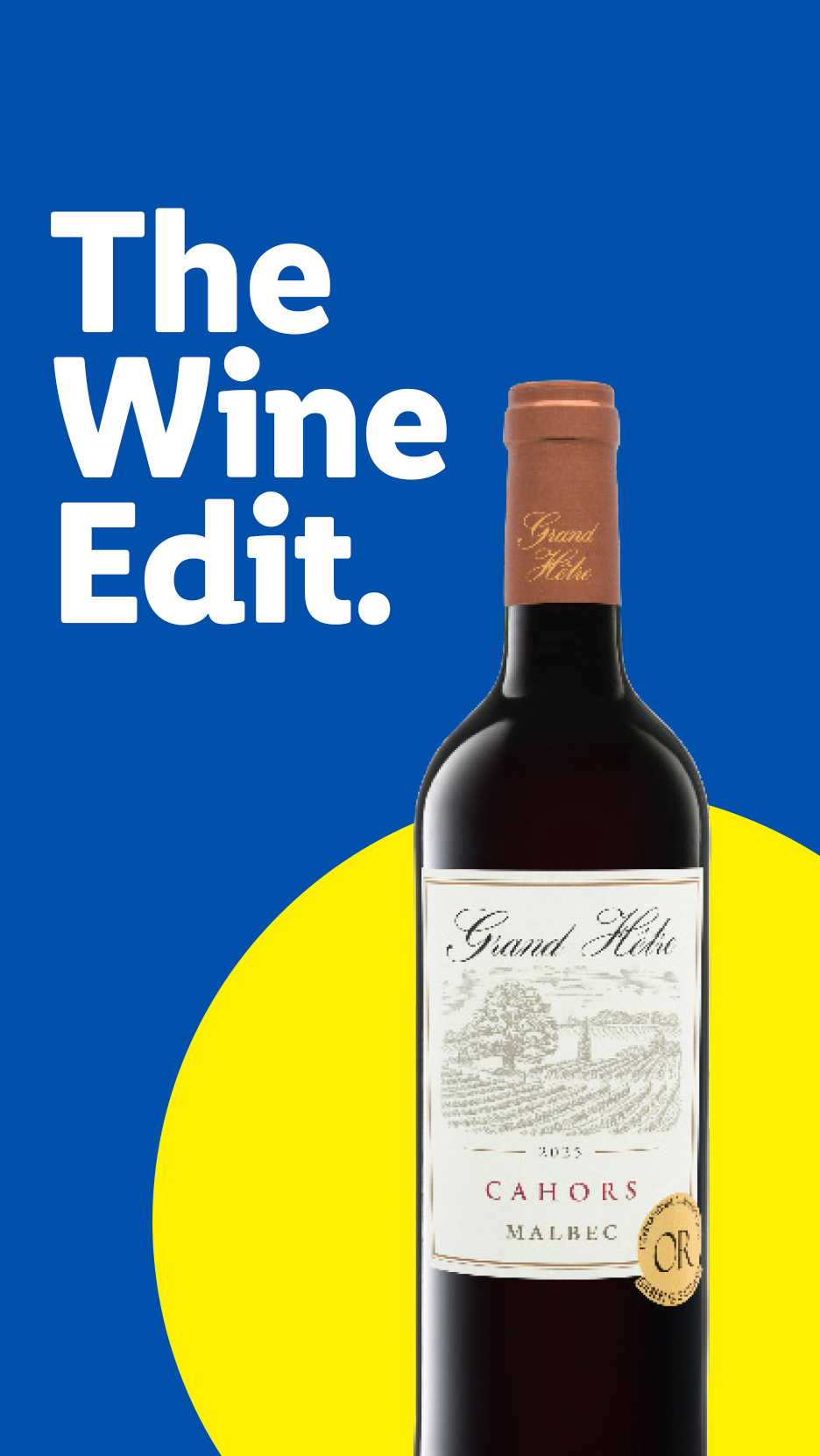 A bottle of red wine with a label showing a vineyard, against a blue and yellow background with text 'The Wine Edit.'