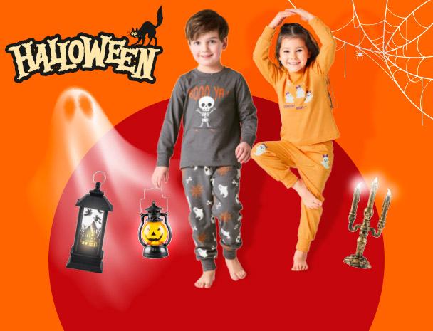 Children in Halloween pyjamas with spooky decorations and the text Halloween