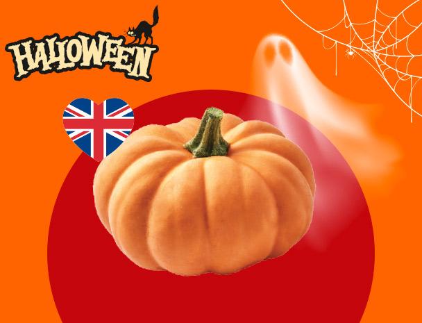 A pumpkin on a red circle background with Halloween decorations and a UK flag heart.