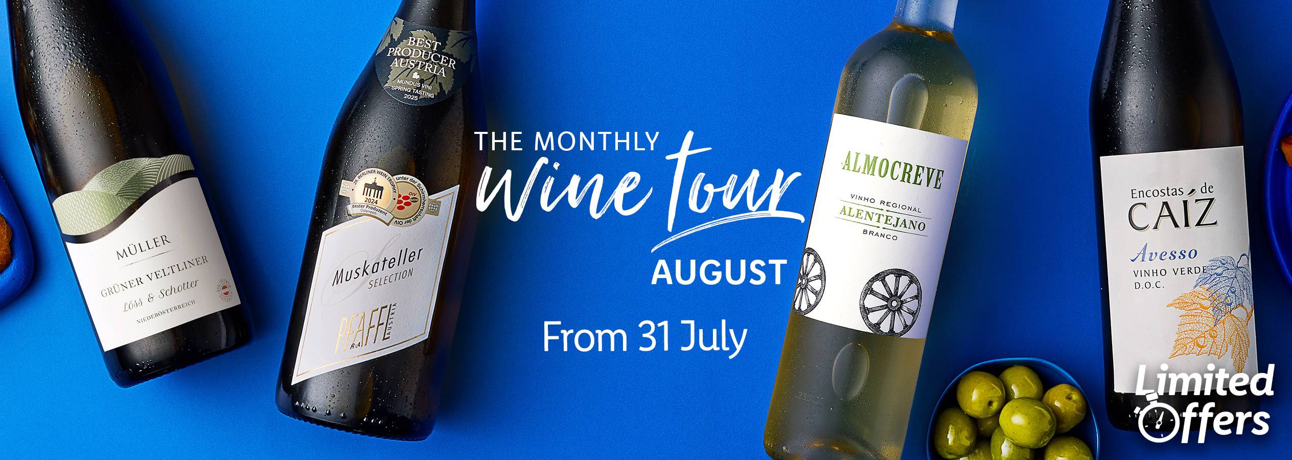 August's Monthly Wine Tour features Almocreve, Caiz, Müller, and Pfaffl wines.