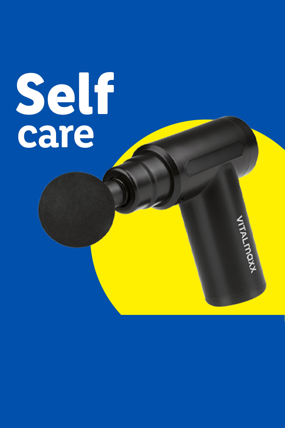 A black massage gun with a round head, labeled VITALmaxx, on a blue and yellow background with the text 'Self care'.