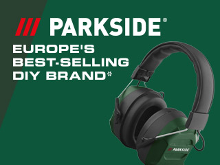 Parkside logo with text 'EUROPE'S BEST-SELLING DIY BRAND*' and green ear protection headphones.