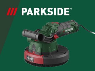 A Parkside concrete grinder with a brush attachment on a green background.
