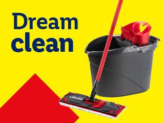 Mop and bucket set with text 'Dream clean' on a yellow background.