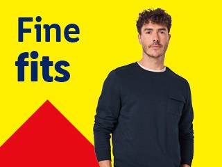 Man in a dark blue long-sleeved top with a pocket, text reads 'Fine fits'.