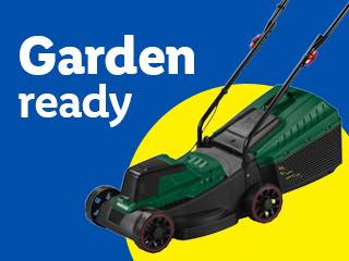 Green lawnmower on a yellow circle with text 'Garden ready' on a blue background.
