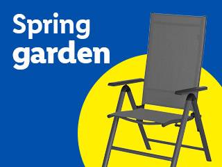 Spring garden text with a grey folding garden chair on a blue and yellow background.