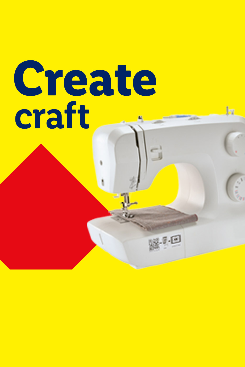 A white sewing machine with fabric under the needle, on a yellow background with red and text.