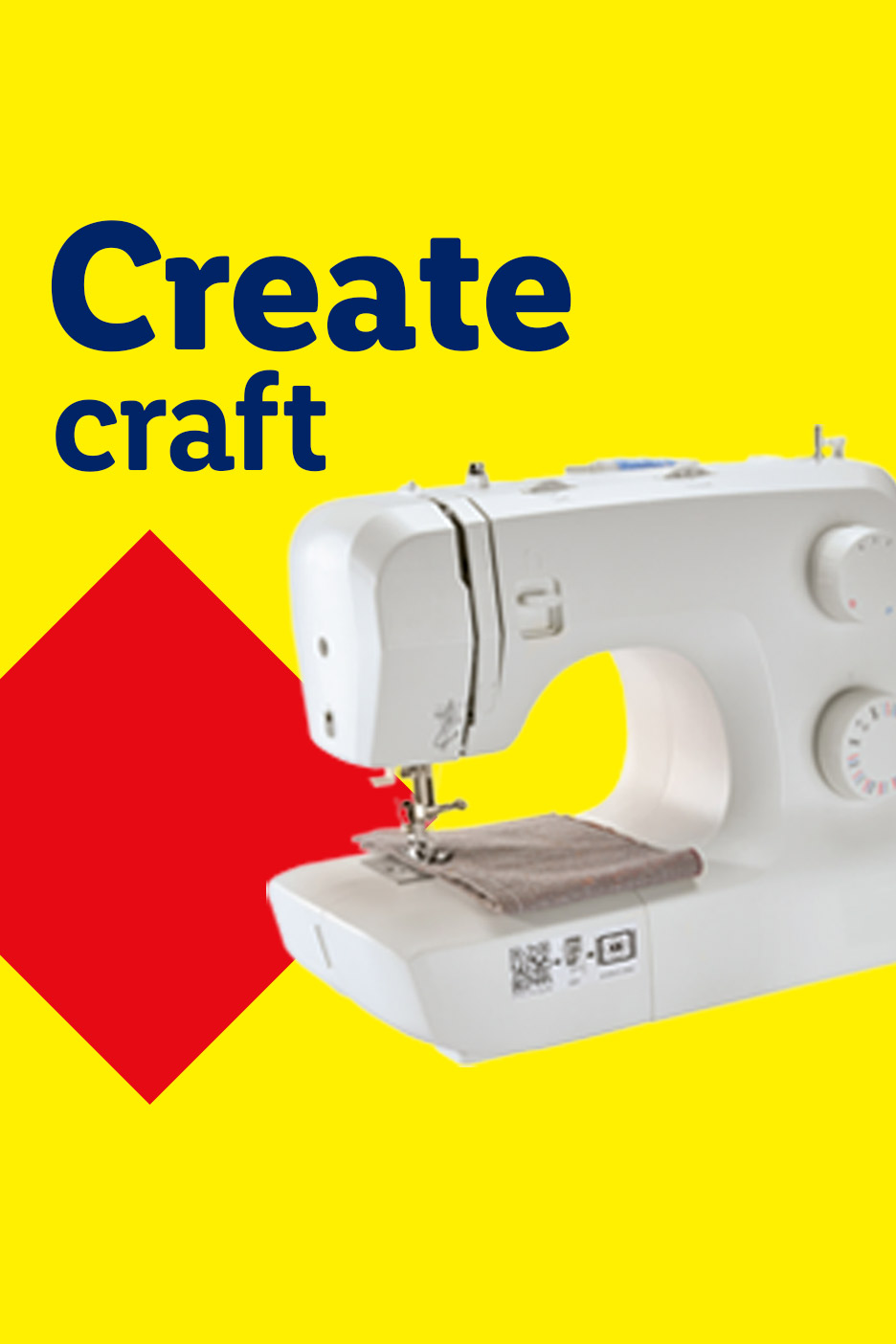 A white sewing machine with fabric under the needle, on a yellow background with red accents and text 