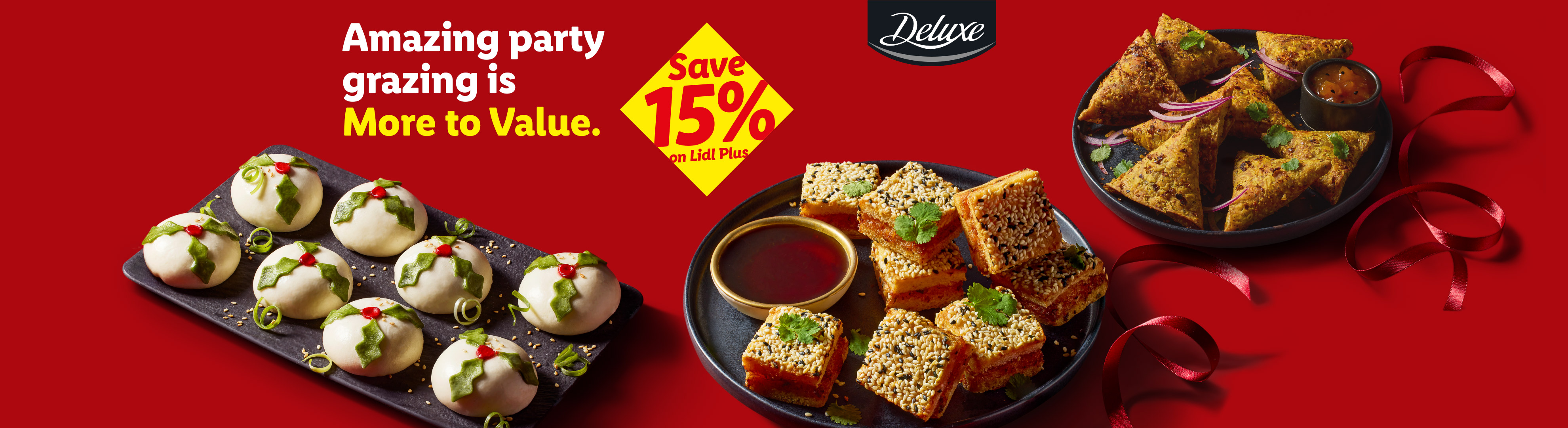 Deluxe party grazing food: festive buns, sesame prawn toast, and samosas on a red background.