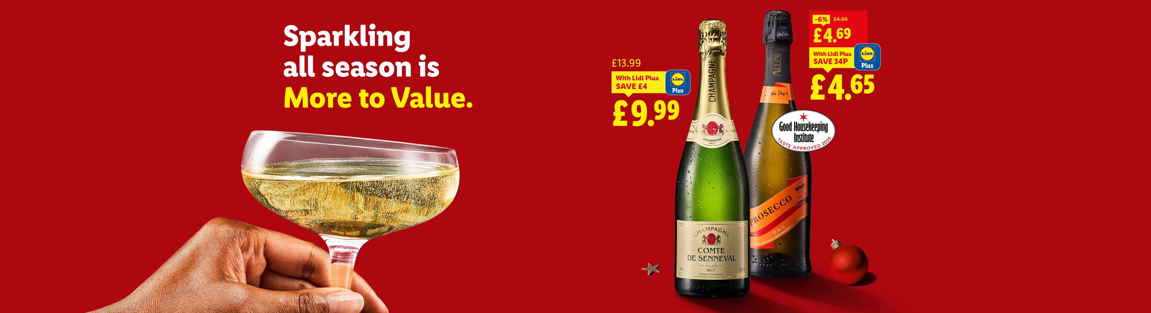Lidl ad for sparkling wine and prosecco, with special offers and a glass of bubbly.
