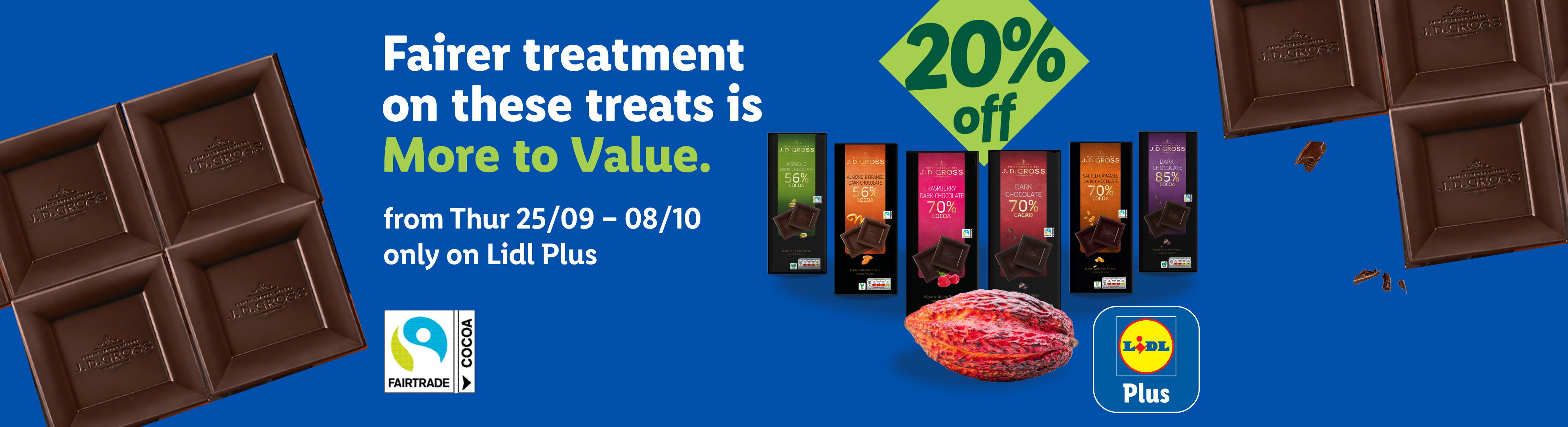 Lidl Plus ad for J.D. Gross chocolate bars, 20% off, with Fairtrade cocoa.