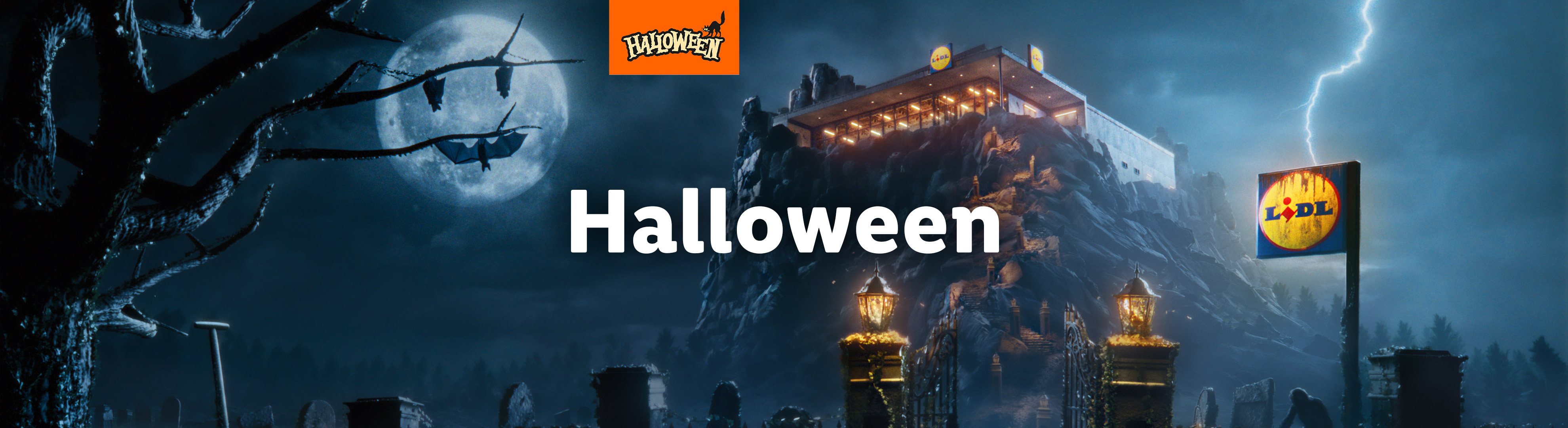 A spooky Halloween scene with a full moon, bats, a graveyard, and a Lidl store on a hill.